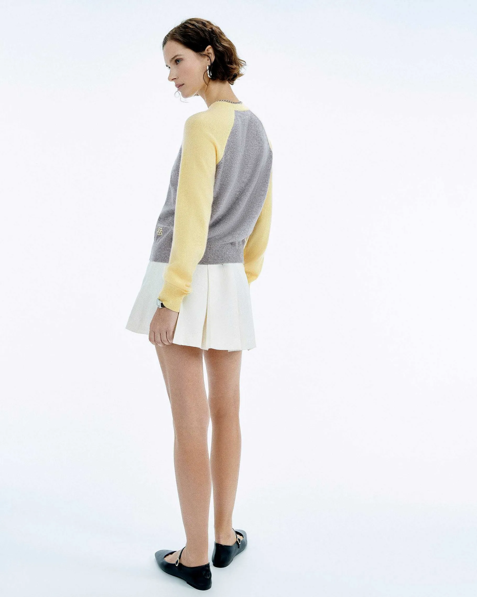 Sale FROM FUTURE Pull Col Rond Manches Contrastees Gris Chine Fonce