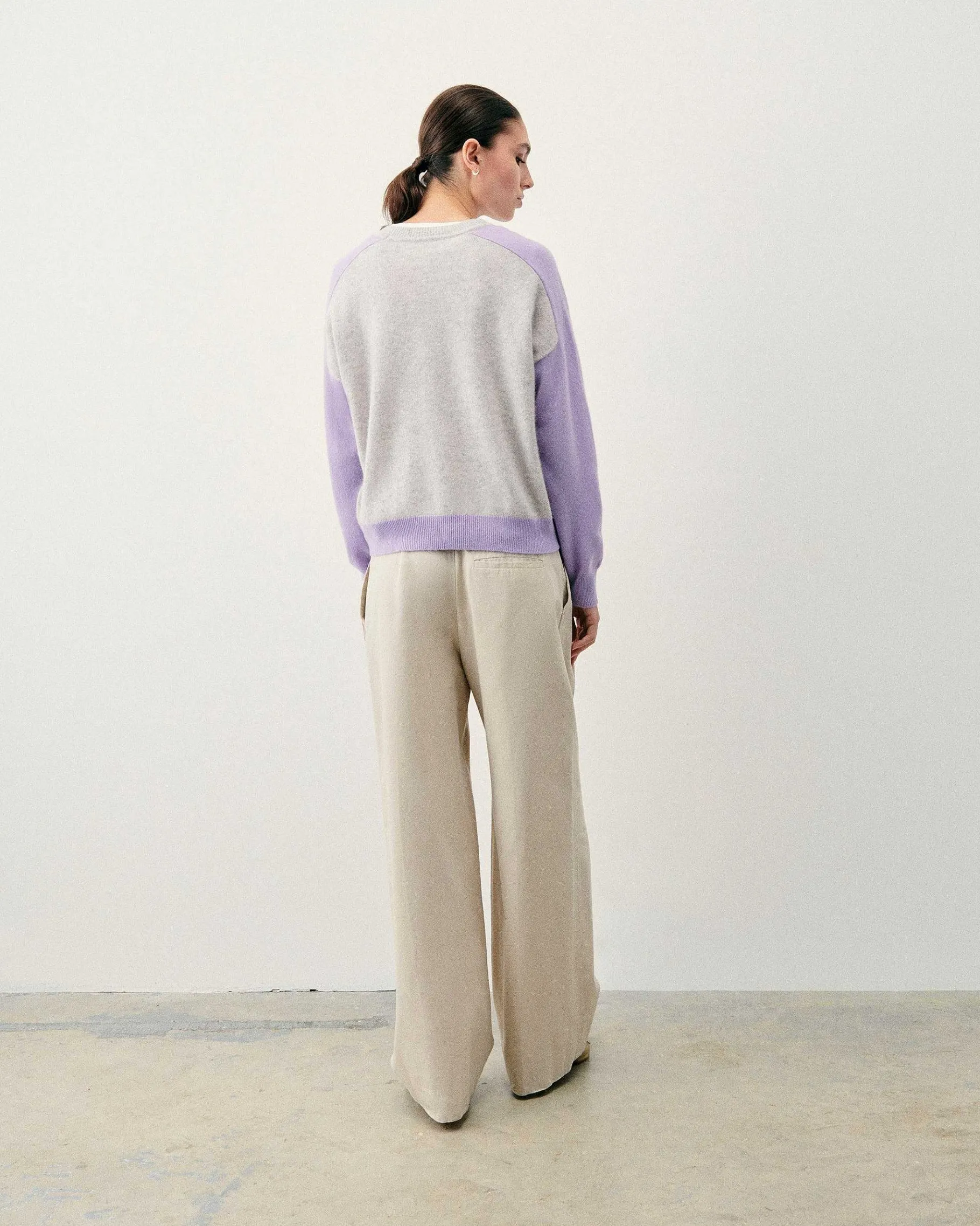 New FROM FUTURE Pull Col Rond Manches Contrastees Gris Chine Clair