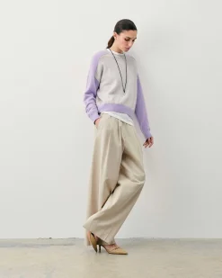 New FROM FUTURE Pull Col Rond Manches Contrastees Gris Chine Clair