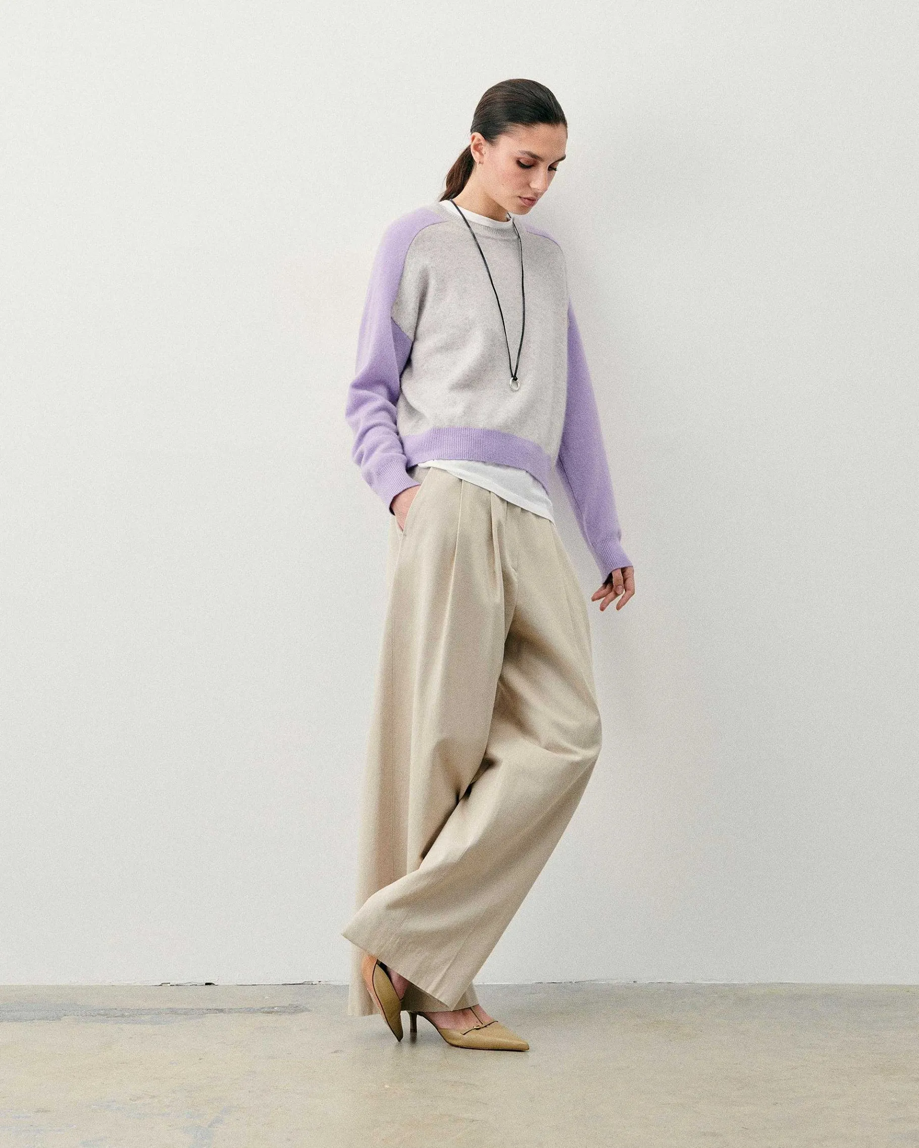 New FROM FUTURE Pull Col Rond Manches Contrastees Gris Chine Clair