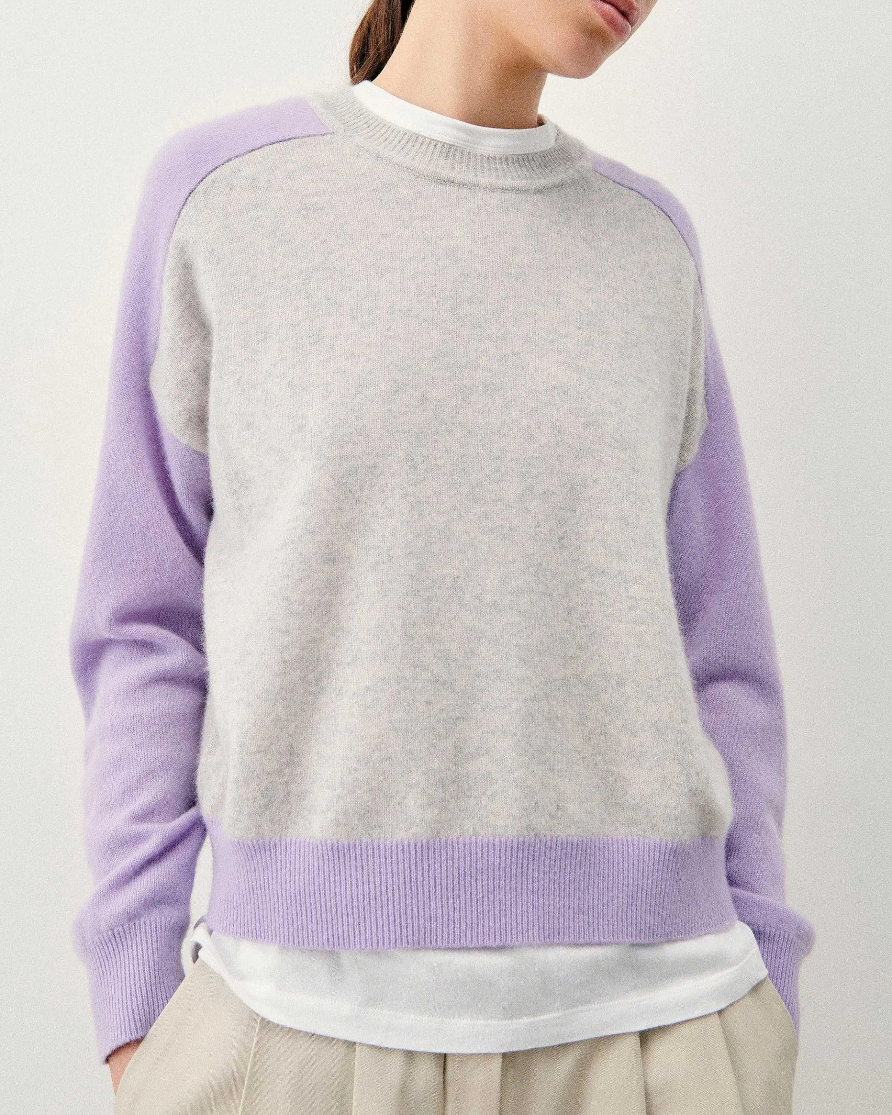 New FROM FUTURE Pull Col Rond Manches Contrastees Gris Chine Clair