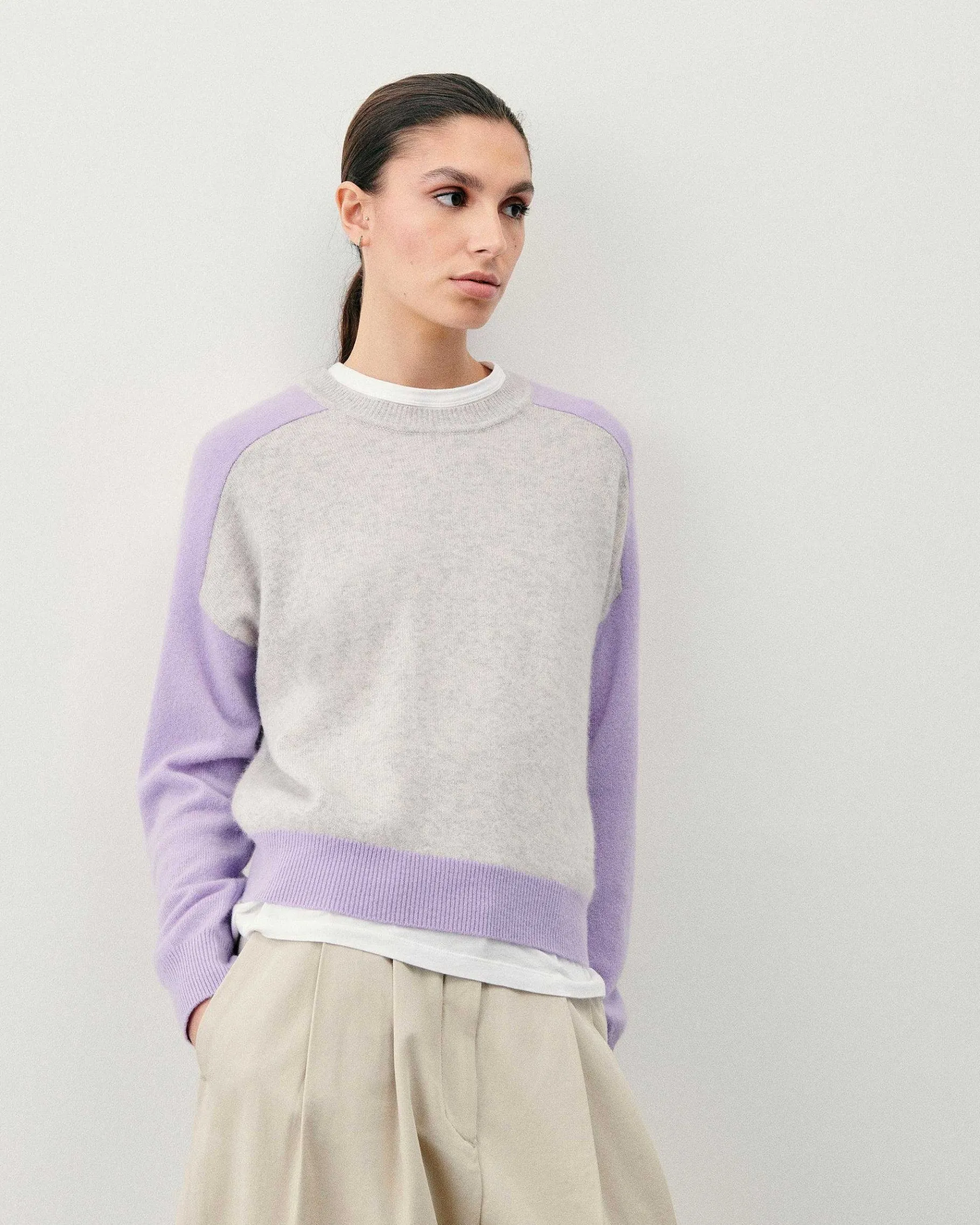 FROM FUTURE Pull Col Rond Manches Contrastees Gris Chine Clair
