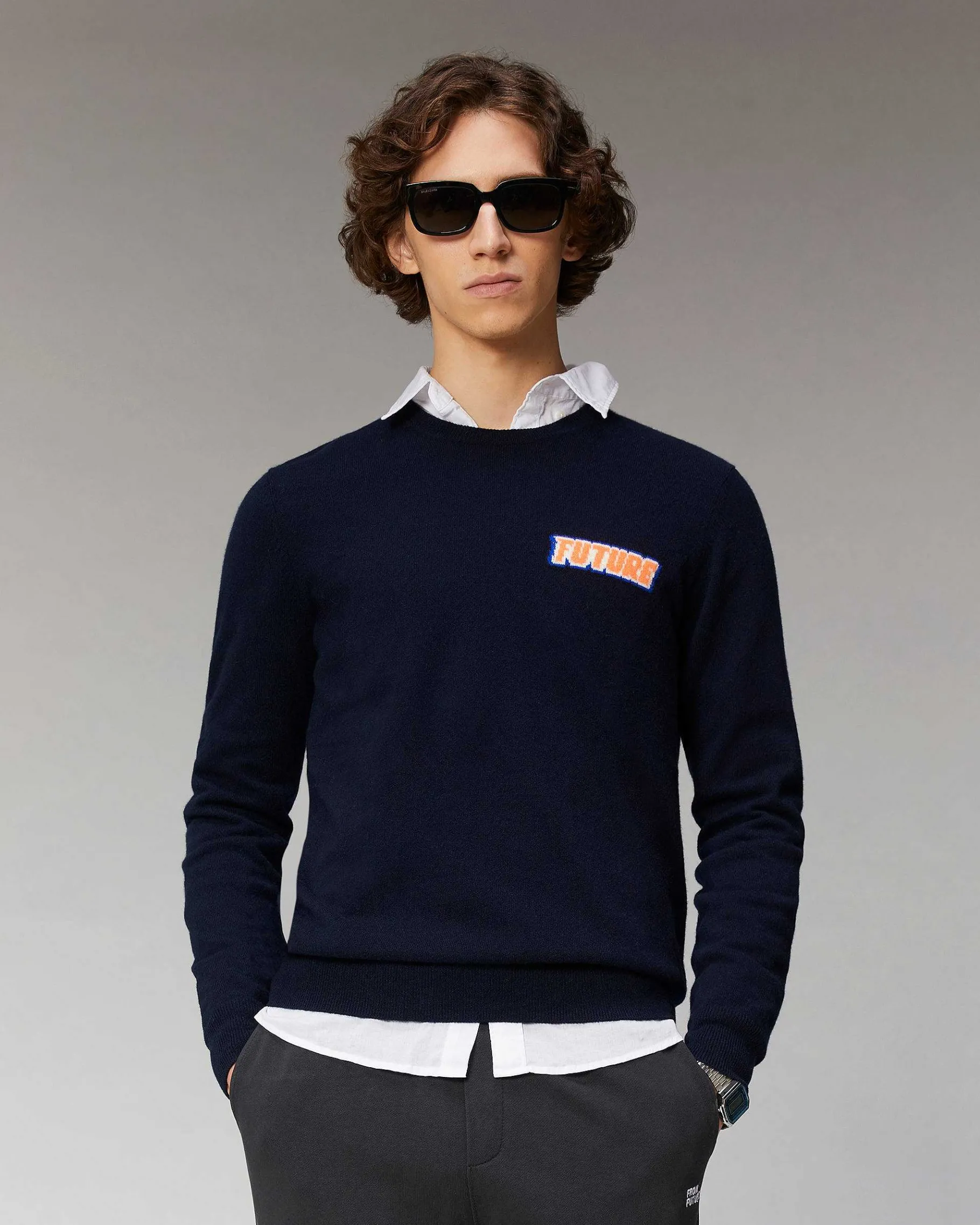 New FROM FUTURE Pull Col Rond Motif Future Navy