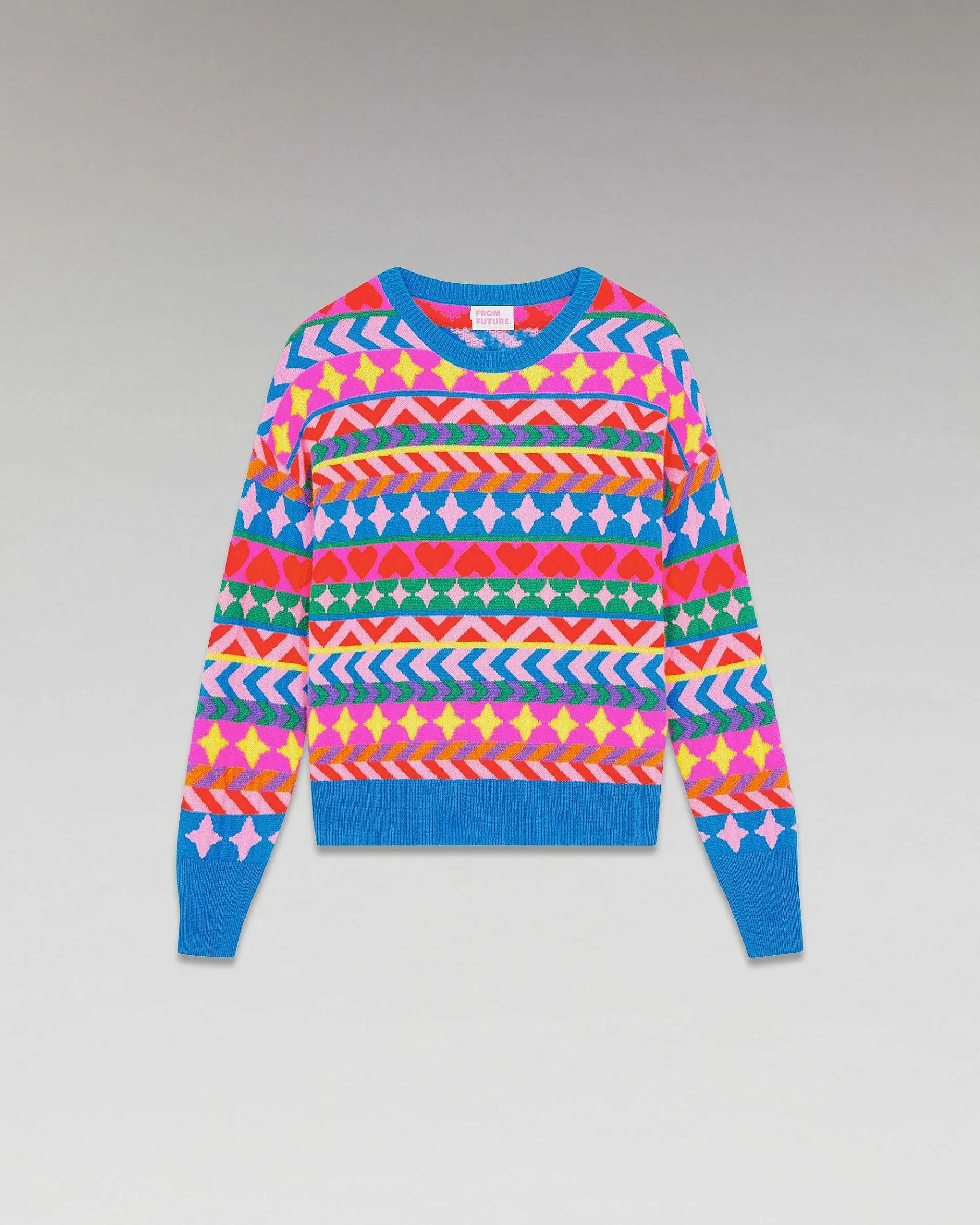 New FROM FUTURE Pull Col Rond Norvegien Allover Disco Blue