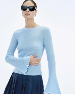 FROM FUTURE Pull Col Rond Point Bourdon Bicolore Baby Blue