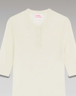 Clearance FROM FUTURE Pull Col Rond Seconde Peau Manches Courtes Ecru