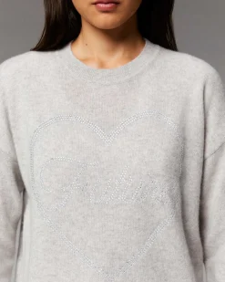 FROM FUTURE Pull Col Rond Strass Coeur Leger Gris Chine Clair