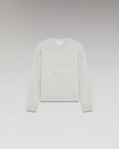 Discount FROM FUTURE Pull Col Rond Strass Coeur Leger Gris Chine Clair