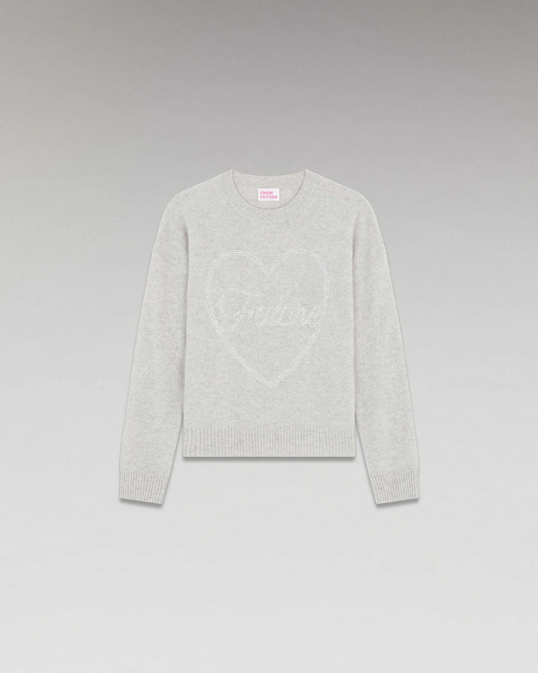 Discount FROM FUTURE Pull Col Rond Strass Coeur Leger Gris Chine Clair