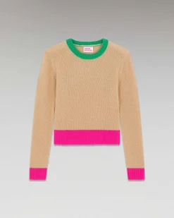 FROM FUTURE Pull Col Rond Tricolore Beige