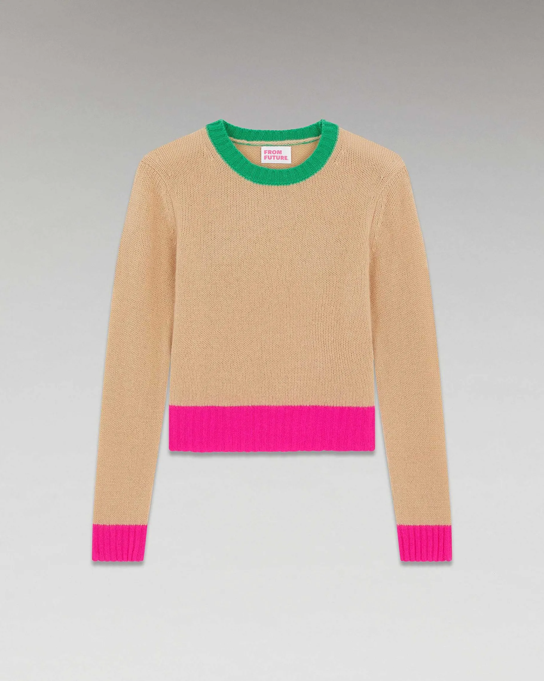 FROM FUTURE Pull Col Rond Tricolore Beige