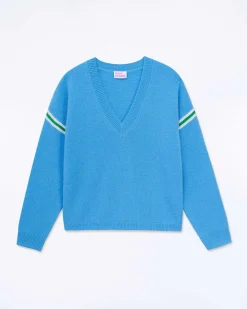 New FROM FUTURE Pull Col V Bandes Bicolores Manches Magic Blue