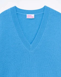 New FROM FUTURE Pull Col V Bandes Bicolores Manches Magic Blue