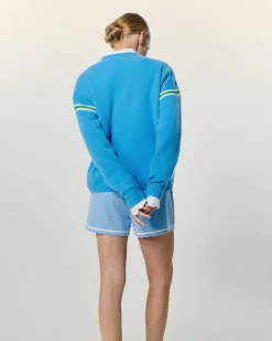 Sale FROM FUTURE Pull Col V Bandes Bicolores Manches Magic Blue