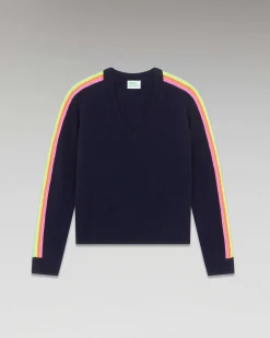 Sale FROM FUTURE Pull Col V Bandes Manches Multicolore Navy