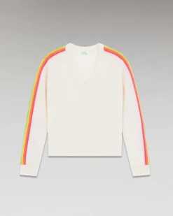 New FROM FUTURE Pull Col V Bandes Manches Multicolore Ecru
