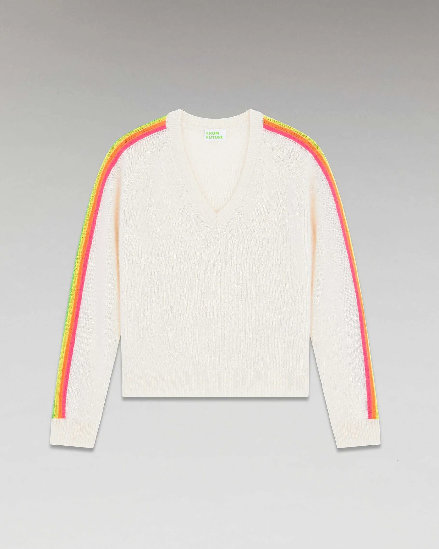 Clearance FROM FUTURE Pull Col V Bandes Manches Multicolore Ecru