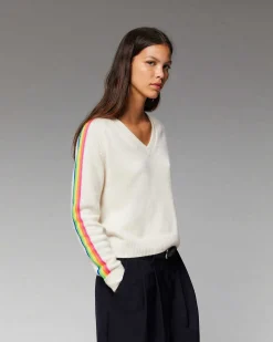 Clearance FROM FUTURE Pull Col V Bandes Manches Multicolore Ecru