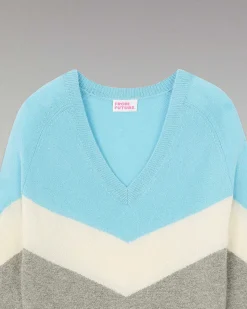 Online FROM FUTURE Pull Col V Bandes Tricolore Leger Gris Chine Fonce