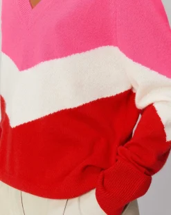 Online FROM FUTURE Pull Col V Bandes Tricolore Leger Gris Chine Fonce