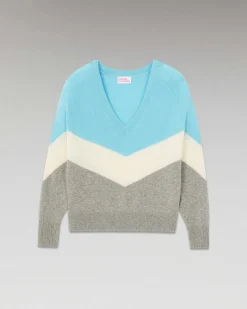New FROM FUTURE Pull Col V Bandes Tricolore Leger Gris Chine Fonce