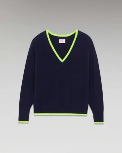Outlet FROM FUTURE Pull Col V Liserets Contrastes Leger Navy