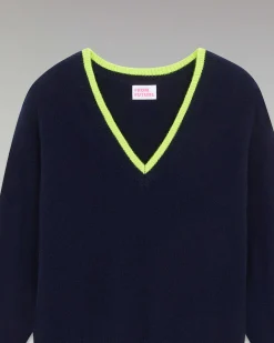 Best FROM FUTURE Pull Col V Liserets Contrastes Leger Navy