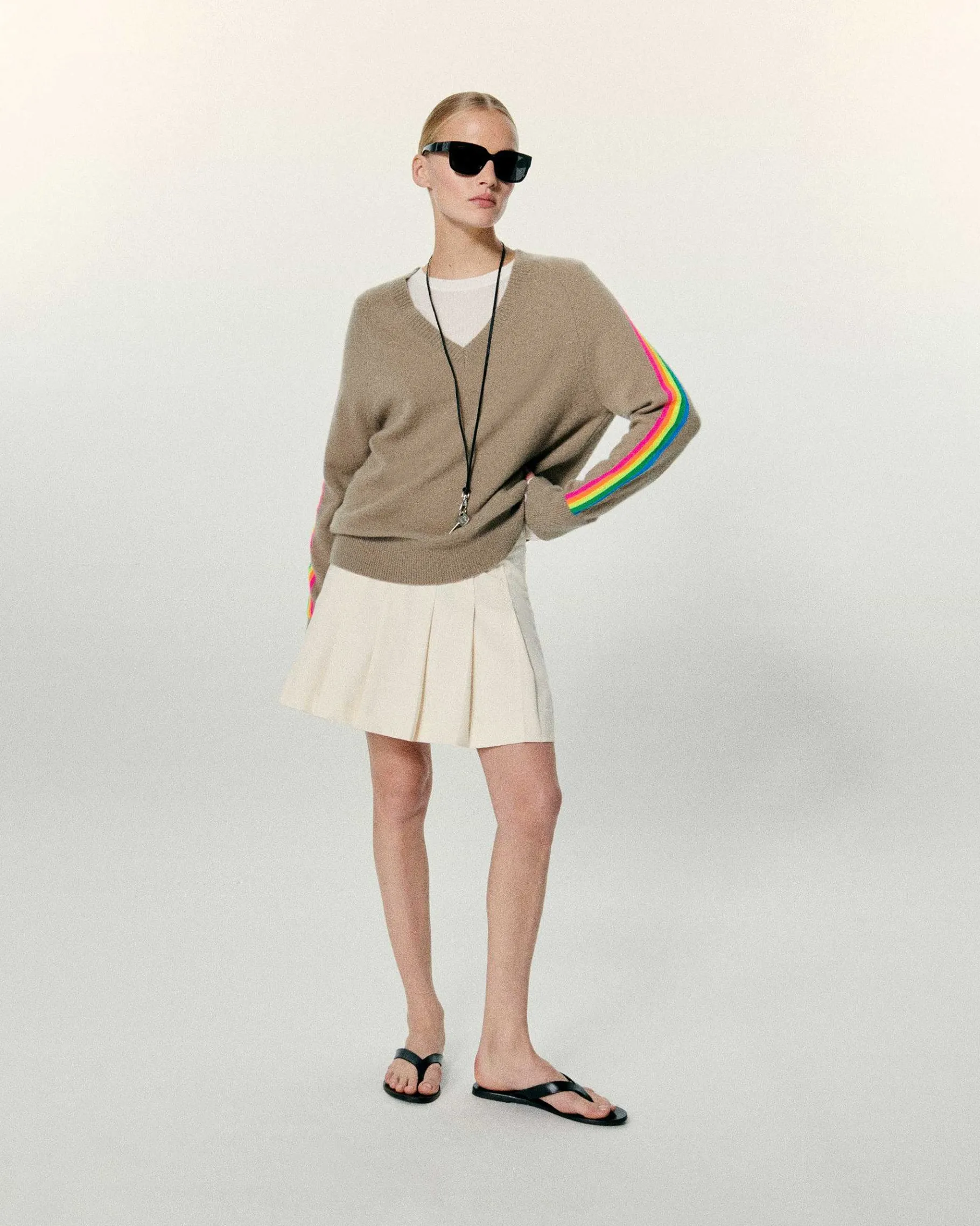 Online FROM FUTURE Pull Col V Oversize Bande Manches Multico Tropical Taupe