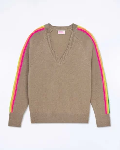 Online FROM FUTURE Pull Col V Oversize Bande Manches Multico Tropical Taupe