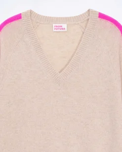 Best FROM FUTURE Pull Col V Oversize Bande Manches Light Beige Chine