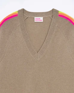 Clearance FROM FUTURE Pull Col V Oversize Bande Manches Multico Tropical Taupe