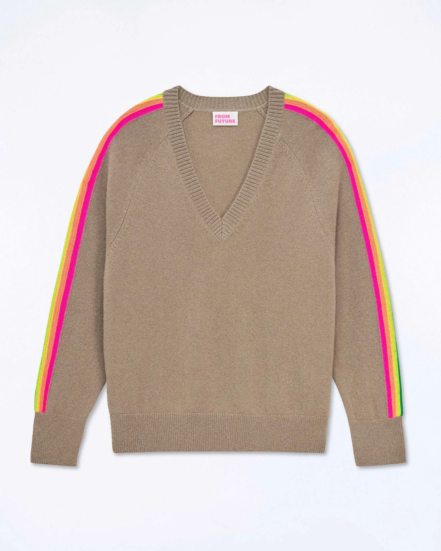 Clearance FROM FUTURE Pull Col V Oversize Bande Manches Multico Tropical Taupe