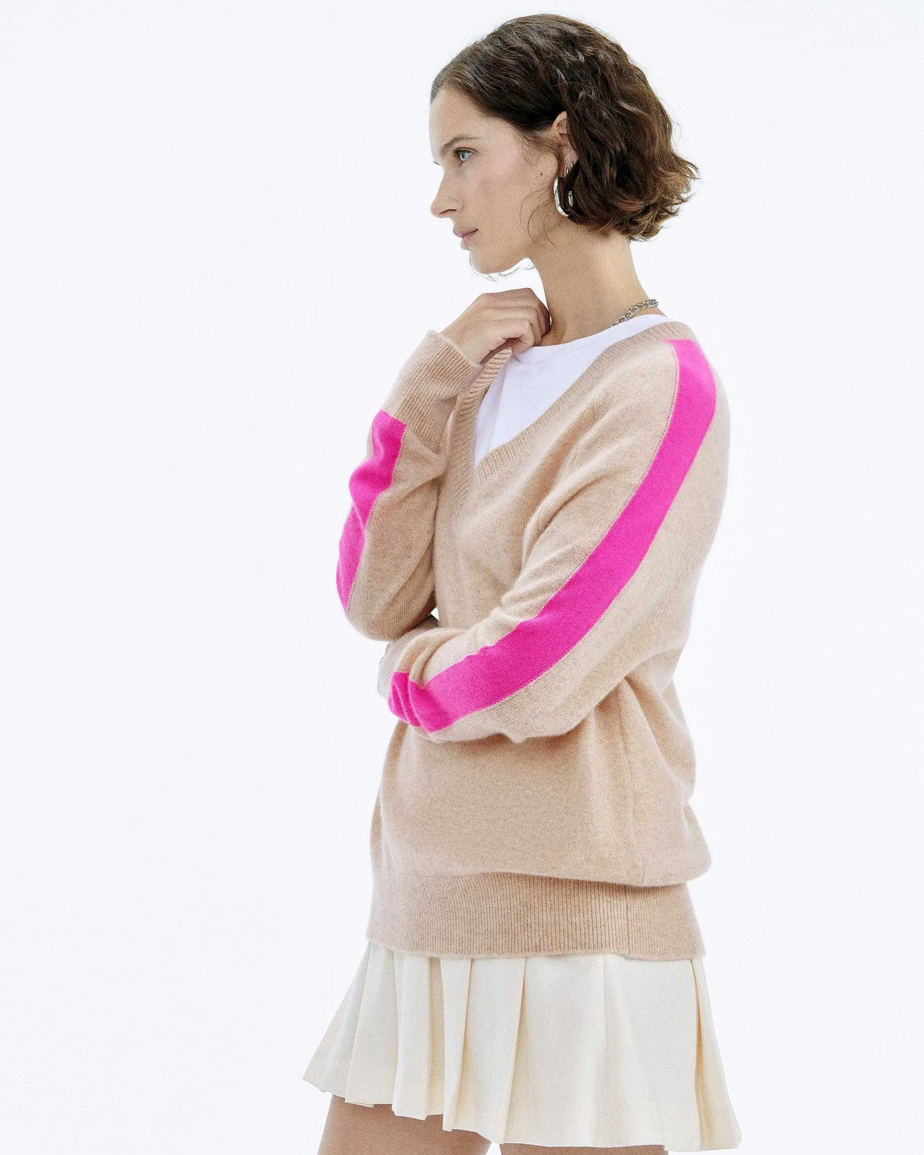 Clearance FROM FUTURE Pull Col V Oversize Bande Manches Light Beige Chine