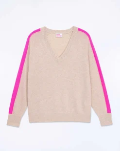 Clearance FROM FUTURE Pull Col V Oversize Bande Manches Light Beige Chine