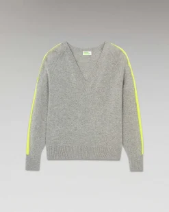 Online FROM FUTURE Pull Col V Oversize Bandes Bicolore Leger Gris Chine Fonce