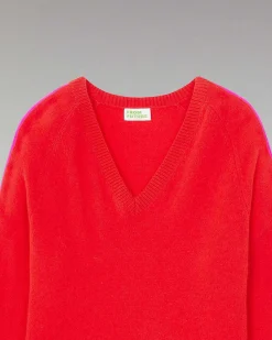 Discount FROM FUTURE Pull Col V Oversize Bandes Bicolore Leger Rouge Vif