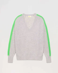 Hot FROM FUTURE Pull Col V Oversize Bandes Bicolore Leger Gris Chine Clair