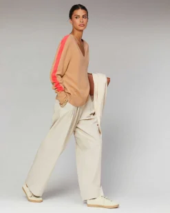 Sale FROM FUTURE Pull Col V Oversize Bandes Bicolore Leger Sable