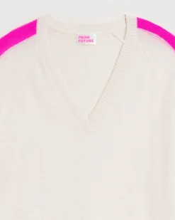 Best FROM FUTURE Pull Col V Oversize Bandes Bicolore Leger Ecru