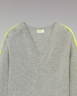 Hot FROM FUTURE Pull Col V Oversize Bandes Bicolore Leger Gris Chine Fonce