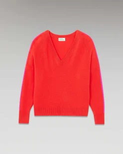 New FROM FUTURE Pull Col V Oversize Bandes Bicolore Leger Rouge Vif