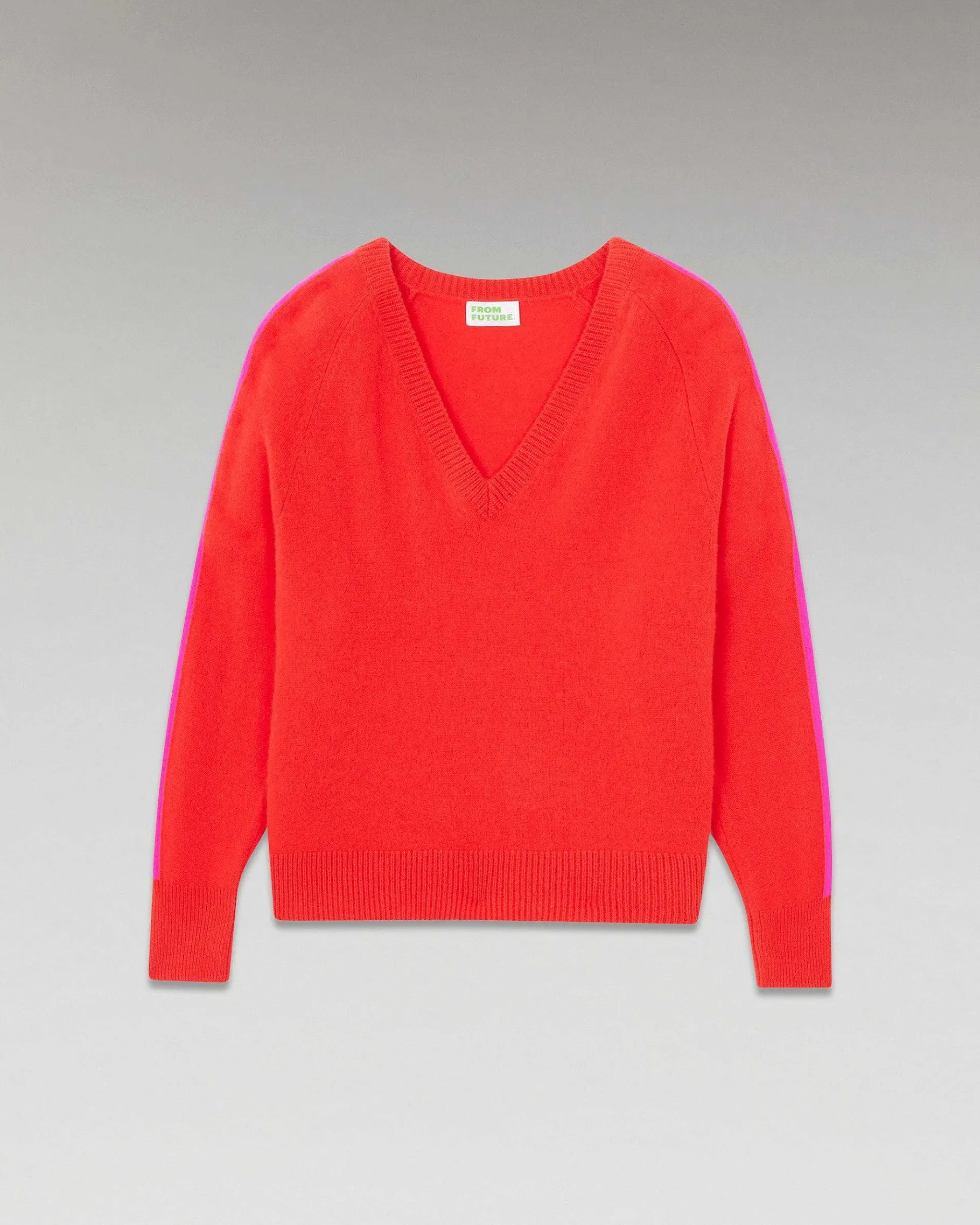 New FROM FUTURE Pull Col V Oversize Bandes Bicolore Leger Rouge Vif