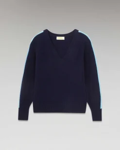 FROM FUTURE Pull Col V Oversize Bandes Bicolore Leger Navy