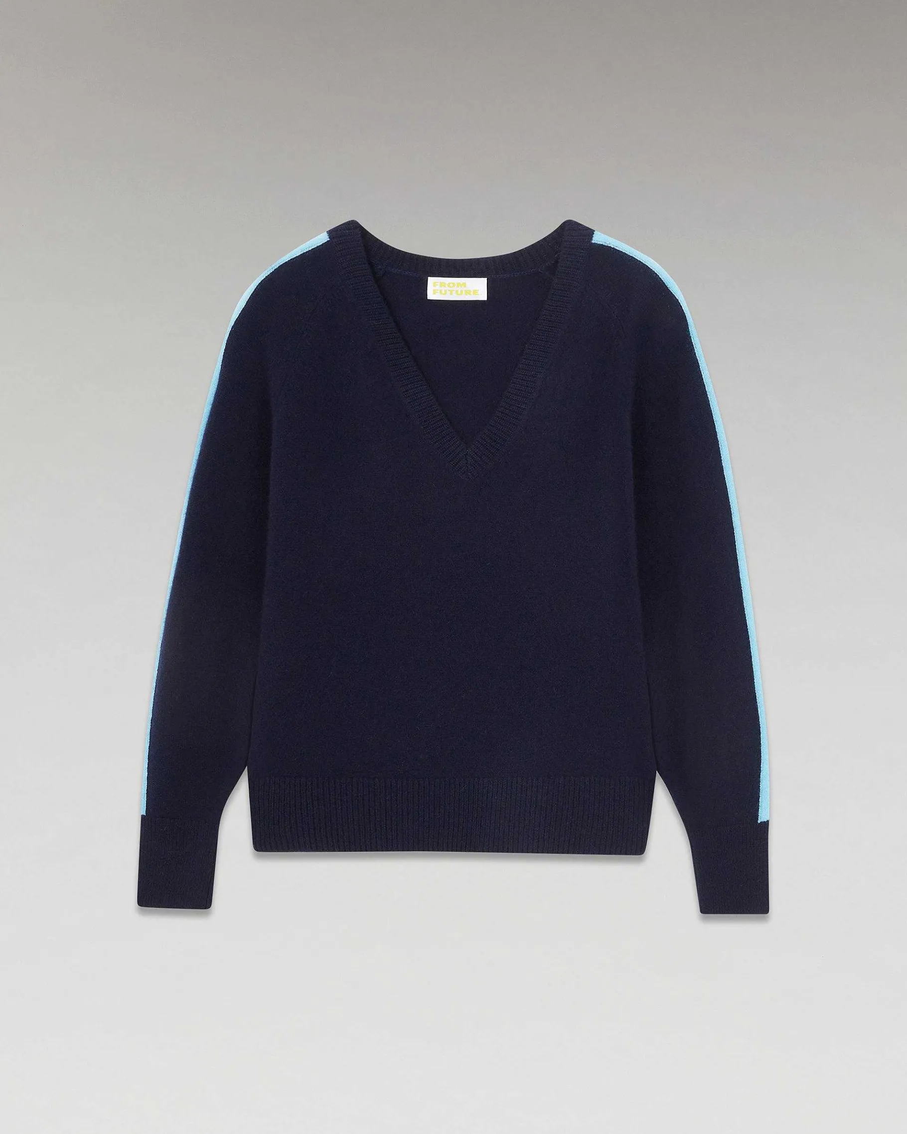 FROM FUTURE Pull Col V Oversize Bandes Bicolore Leger Navy