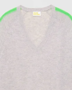 New FROM FUTURE Pull Col V Oversize Bandes Bicolore Leger Gris Chine Clair