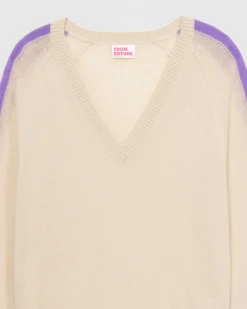 Hot FROM FUTURE Pull Col V Oversize Bandes Bicolore Leger Sable