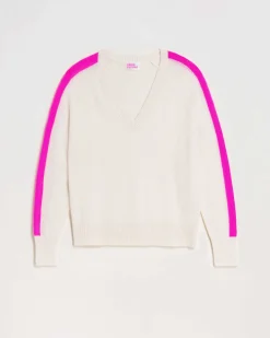 New FROM FUTURE Pull Col V Oversize Bandes Bicolore Leger Ecru