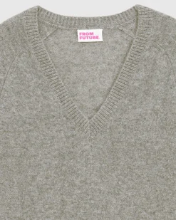 Discount FROM FUTURE Pull Col V Oversize Leger Gris Chine Fonce
