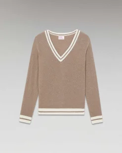 Hot FROM FUTURE Pull Col V Rayures Tennis Leger Taupe