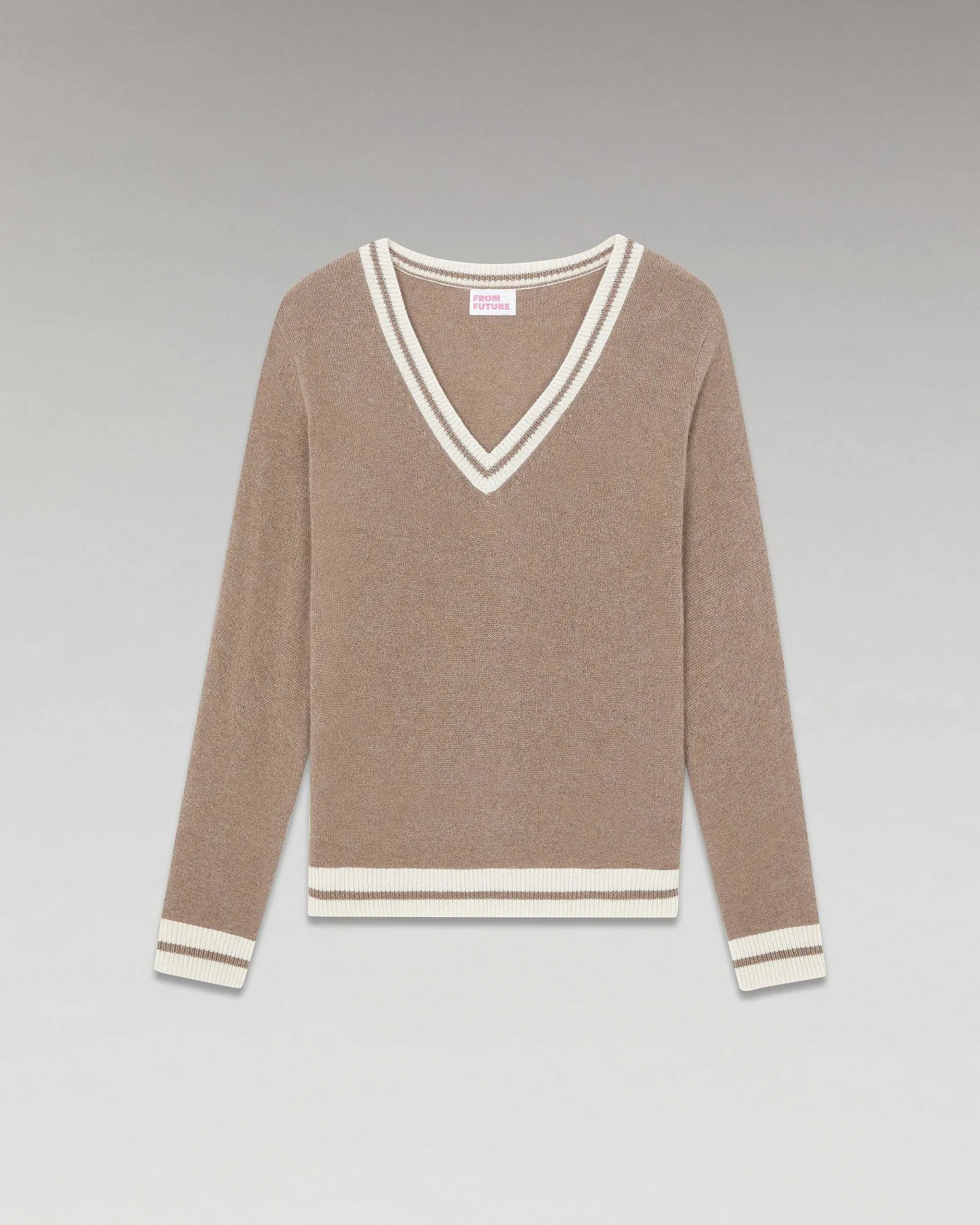 Hot FROM FUTURE Pull Col V Rayures Tennis Leger Taupe